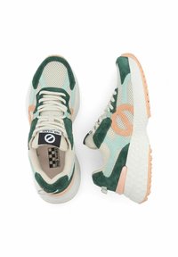 Sneakers verde e crema con tomaia in rete, dettagli in suede e particolari pesco. Presentano una suola con motivo e un laccio bicolore.