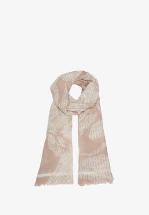 Leichter Schal in sanftem Rosa mit abstrakten weißen Mustern. Ausfransende Kanten. Vielseitiges Design, das für verschiedene Styling-Optionen geeignet ist.