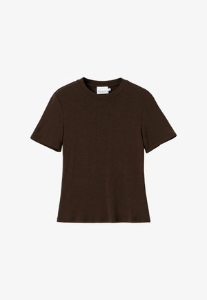 Bruine katoenen t-shirt met korte mouwen, ronde halslijn en een rechte zoom, met een minimalistisch ontwerp zonder zichtbare patronen of accenten.