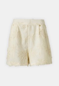 Gevoerd crème shorts met palmbomen ontwerpen, een textuurstof, een afgesneden zoom en een verborgen sluiting aan de voorkant.