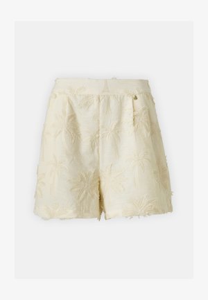 Tikkimiseks kaunistatud kreemilised lühikesed püksid palmipuude motiividega, tekstureeritud kangas, lõhkine ääreline ja varjatud esine sulgemine.