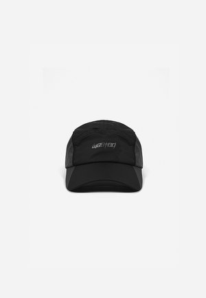 Black cap made from a smooth, durable material, featuring a curved brim and a logo in front. The design includes textured side panels.