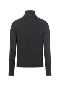 Pull à col roulé gris foncé, en tissu doux, avec des manches longues et un col côtelé, d'une texture lisse et sans motifs visibles.