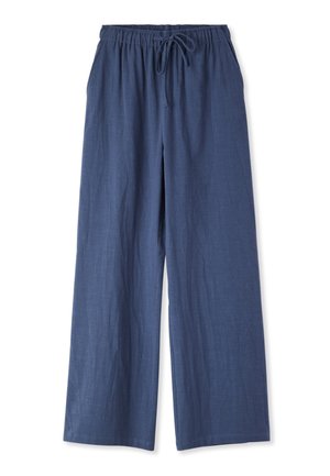 Pantaloni a gamba larga blu navy con vita elasticizzata e coulisse regolabile, realizzati in tessuto leggero.