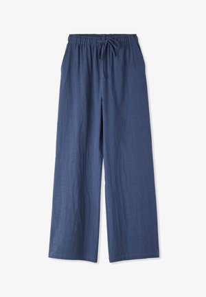 Pantaloni a gamba larga blu navy con vita elasticizzata e coulisse regolabile, realizzati in tessuto leggero.