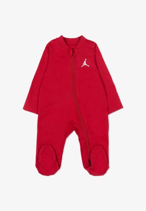 Czerwony niemowlęcy kombinezon z zakrytymi stopami, z długimi rękawami, ukośnym zamkiem błyskawicznym z przodu oraz małym białym logo Jumpman na piersi.