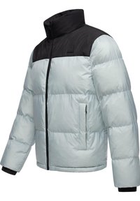 Puffermantel in Hellblau mit schwarzem Oberteil. Merkmale sind ein hoher Kragen, ein Reißverschluss und eine seitliche Tasche. Strukturiertes, isoliertes Material.