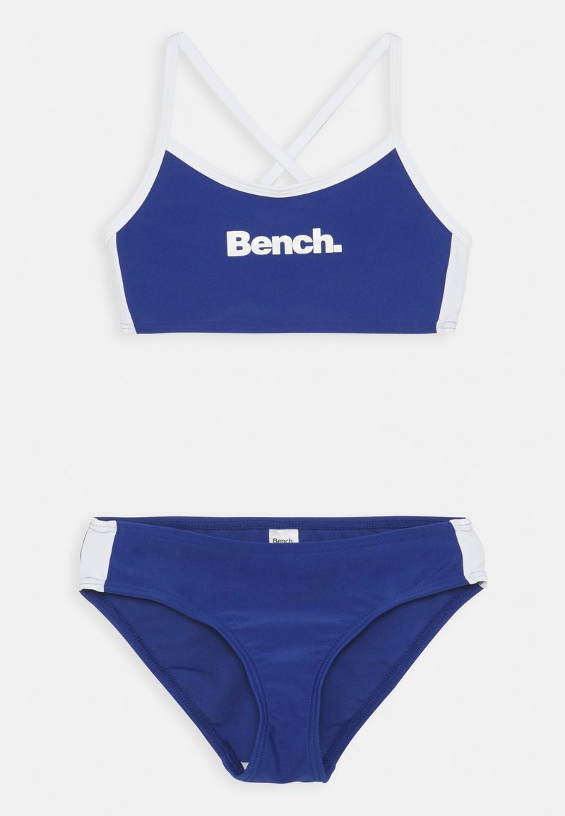 Marineblaues Bikini-Set mit einem Überkreuzdesign am Oberteil. Mit weißen Akzenten an den Rändern, der Stoff ist glatt und dehnbar.
