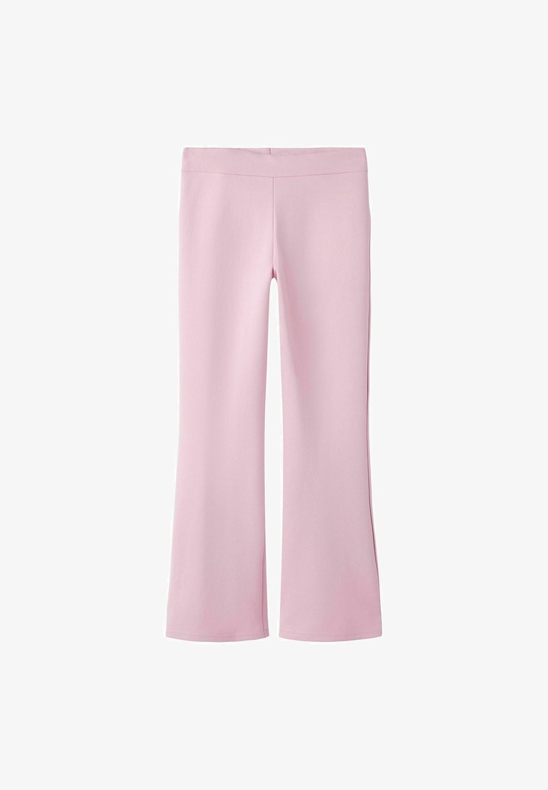Pantaloni a zampa d'elefante rosa realizzati in tessuto morbido e elastico. Texture liscia e vita alta, con un taglio a zampa che si estende fino alle caviglie.