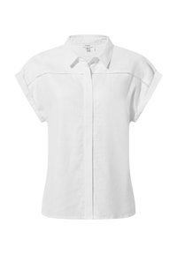 White short-sleeve shirt made of linen, featuring a collared neck, button-down front, and a decorative line of perforations near the shoulders.