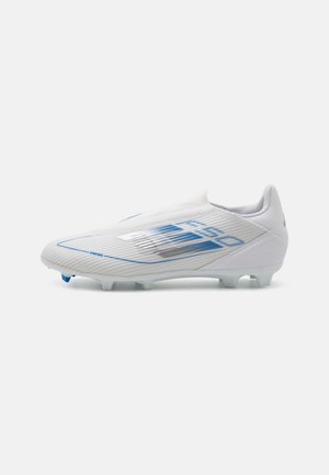White soccer cleat with blue accents, featuring a sleek, textured design, molded sole, and a streamlined shape for enhanced performance.