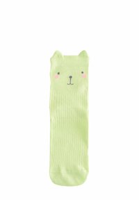 Light green knee-high sock with ribbed texture featuring a bear face design, including ears, dots for eyes, and pink cheek accents.