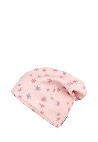 Soft pink winter beanie with scattered gray and dark pink snowflake patterns and a folded edge.