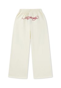 Cream wide-leg pants with elastic waistband and red "Ed Hardy" script embroidered on the back center.