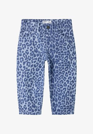 Blå småbarnsbukser med mørkeblå leopardmønster, knappeslukking foran, beltestropper og fremre lommer.