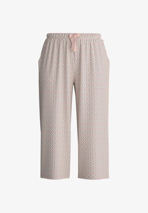 Pantaloni rosa chiaro con motivo, vita elasticizzata e coulisse. Presentano un design geometrico ripetuto in verde e bianco. Lunghezza capri.