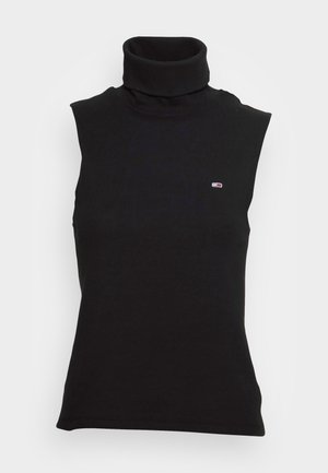 Sort ærmeløs turtleneck top lavet af ribbet stof, med et lille logo på brystet og en høj, foldet krave.