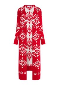 Rot gemusterter Cardigan mit weißen geometrischen Designs, offene Vorderseite, lange Ärmel und knielangen Schnitt. Weiches, strukturiertes Strickmaterial.