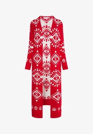 Crvena kardigan s uzorkom i bijelim geometrijskim dizajnom, otvorenog prednjeg dijela, dugih rukava i dužine do koljena. Mekana, strukturirana pletenina.