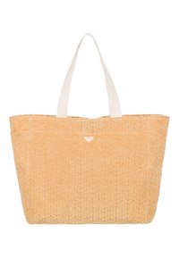 Sac fourre-tout tressé beige avec un motif en relief, poignées blanches et un petit logo à l'avant. Forme rectangulaire spacieuse.