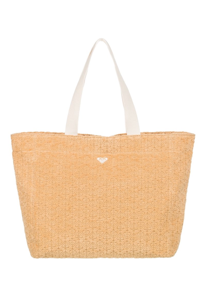 Sac fourre-tout tressé beige avec un motif en relief, poignées blanches et un petit logo à l'avant. Forme rectangulaire spacieuse.