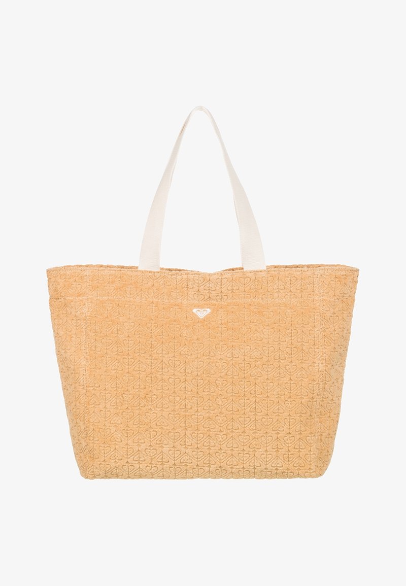 Sac fourre-tout tressé beige avec un motif en relief, poignées blanches et un petit logo à l'avant. Forme rectangulaire spacieuse.