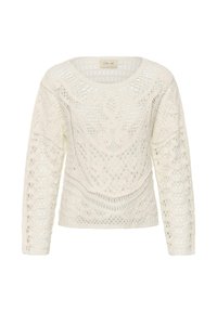 Cremefarvet bluse med lange ærmer i blonder med indviklede geometriske og blomsteragtige mønstre og rund halsudskæring.