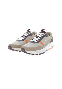 Lightweight sneakers in beige and brown, featuring white laces, orange accents, breathable mesh fabric, and textured rubber sole with grip.