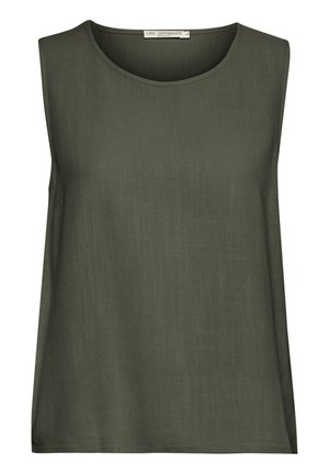 Haut sans manches en tissu vert olive. Présente un décolleté arrondi et une coupe droite décontractée. Texture lisse, sans motifs ni accents visibles.