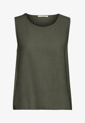 Majica brez rokavov iz olivno zelene tkanine. Ima okroglo izrez in sproščen, raven kroj. Gladka textura, brez vidnih vzorcev ali detajlov.