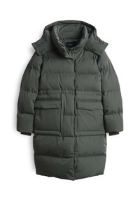 Manteau matelassé vert foncé avec capuche, présentant un rembourrage cousu horizontalement, deux poches avant et une fermeture éclair avec boutons-pression.
