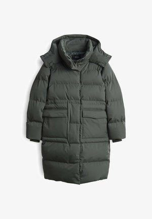 Dunkelgrüne Steppjacke mit Kapuze, ausgestattet mit horizontal gestepptem Futter, zwei Fronttaschen und einem Reißverschluss mit Druckknöpfen.