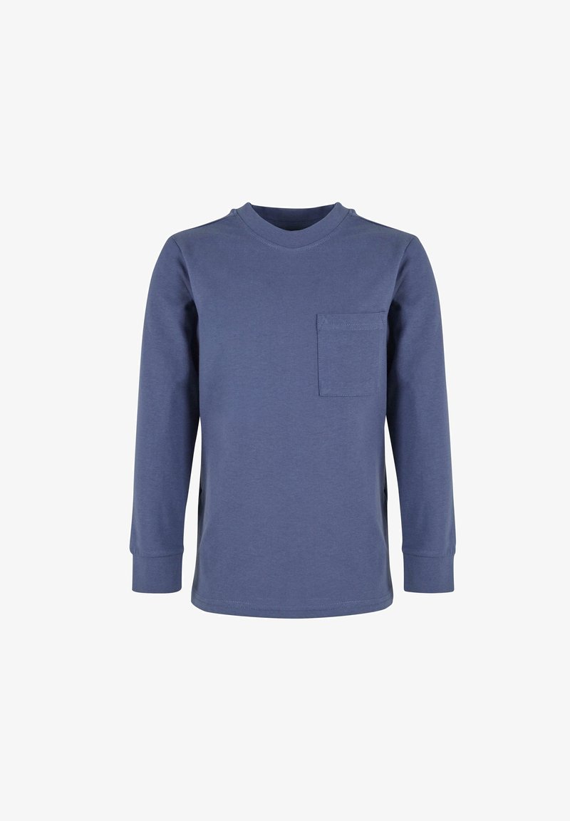 Hosszú ujjú kék pamut póló ribbed kerek nyakkal és kis patchein a bal mellen, sima textúrával és klasszikus fazonnal.