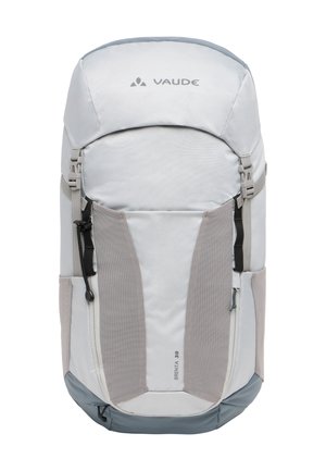 Zaino grigio chiaro con accenti grigio scuro, pannelli laterali testurizzati, spallacci regolabili e un design a pattina superiore con il logo VAUDE.
