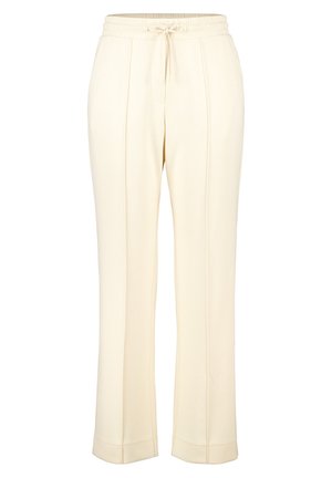 Crème-kleurige elastische broek met tailleband en trekkoord, met rechte benen en eenvoudige stikseldetails. Gemaakt van zachte, lichte stof.