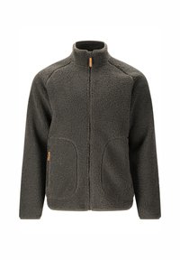 Fleecejacka i mörkgrått med hög krage, full dragkedja, två framfickor och en orange dragkedjeuppdragare. Mjuk, texturerad yta.