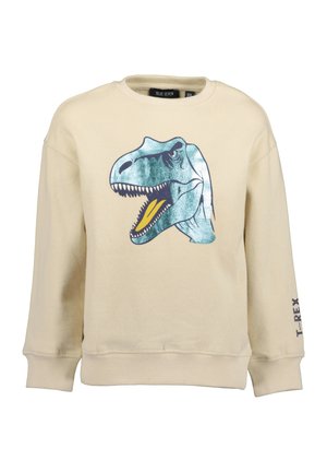 Beżowa dziecięca bluza z dużą niebieską grafiką głowy dinozaura T-Rex oraz napisem "T-REX" na prawym rękawie.