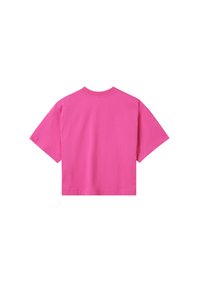 Korte mouwen, cropped T-shirt in felroze katoen. Heeft een standaard ronde hals en een zachte textuur zonder zichtbare patronen.