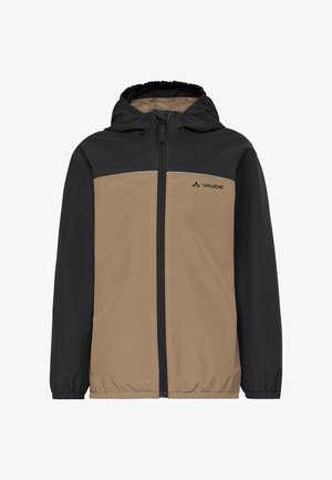 Zweifarbige braune und schwarze Kapuzenjacke mit Frontreißverschluss und elastischen Bündchen, mit einem Vaude-Logo auf der Brust.