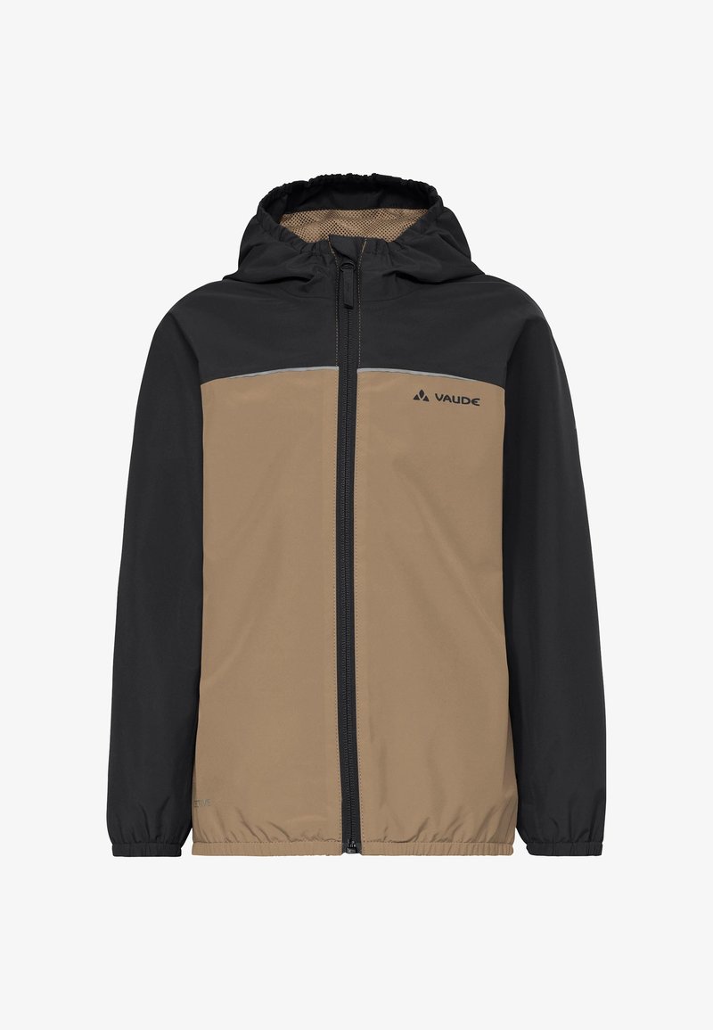 Veste à capuche bicolore marron et noire avec fermeture éclair frontale et poignets élastiques, arborant un logo Vaude sur la poitrine.