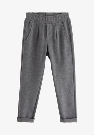 Pantalones grises con patrón espiga, cintura elástica, bolsillos delanteros, pliegues y dobladillos con puños.