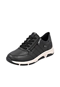 Schwarze Leder-Sneaker mit strukturierten Akzenten, Schnürdesign, Reißverschluss, weißer Sohle und dezentem Branding an der Seite.