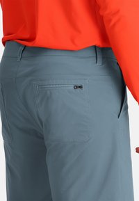 Lichtblauwe stoffen shorts met een gladde textuur, voorzien van een achterzak met een ritssluitingen en subtiele stiksels.