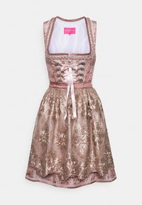 Robe rose à motifs avec un corsage à lacets et un ruban en satin. Elle présente une jupe brodée d'or et une bordure délicate le long de l'encolure et de l'ourlet.