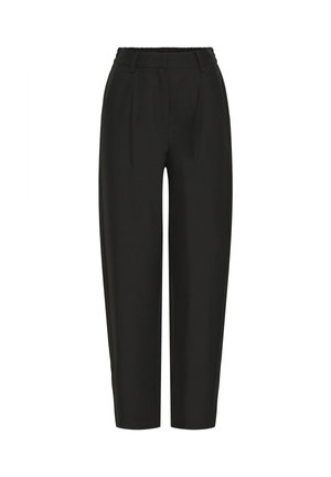 Black trousers with an elastic waistband, pleated front, and tapered leg design. Made from a smooth fabric with no patterns or accents.