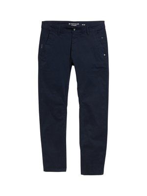 Pantalones azul marino de algodón con corte recto. Cuenta con dos bolsillos laterales y cierre de botón. Diseño minimalista con acentos sutiles.