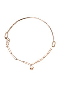 Rose gold chain necklace featuring a mix of link styles, including flat rectangular and round beads, with a smooth round pendant accent.