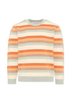 Maglione a maniche lunghe con girocollo e righe orizzontali in arancione, beige, grigio e crema, con polsini e orlo a coste.