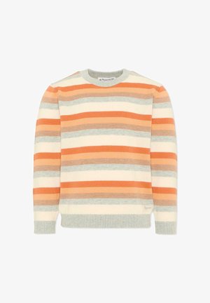 Maglione a maniche lunghe con girocollo e righe orizzontali in arancione, beige, grigio e crema, con polsini e orlo a coste.