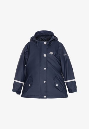 Marineblå vandtæt jakke med hætte, udstyret med hvide stjerneformede knapper, reflekterende striber og et paraplylogo på brystet.